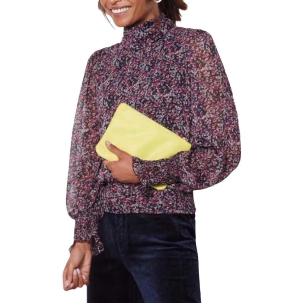 Evereve Floral Mock-Neck Blouse in Black and Pink